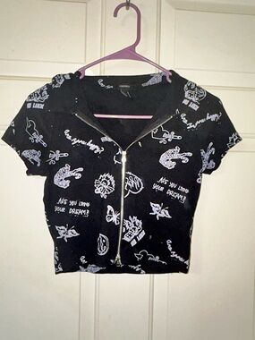 Forever 21 Black Zip-Front Graphic Crop Top with White Print